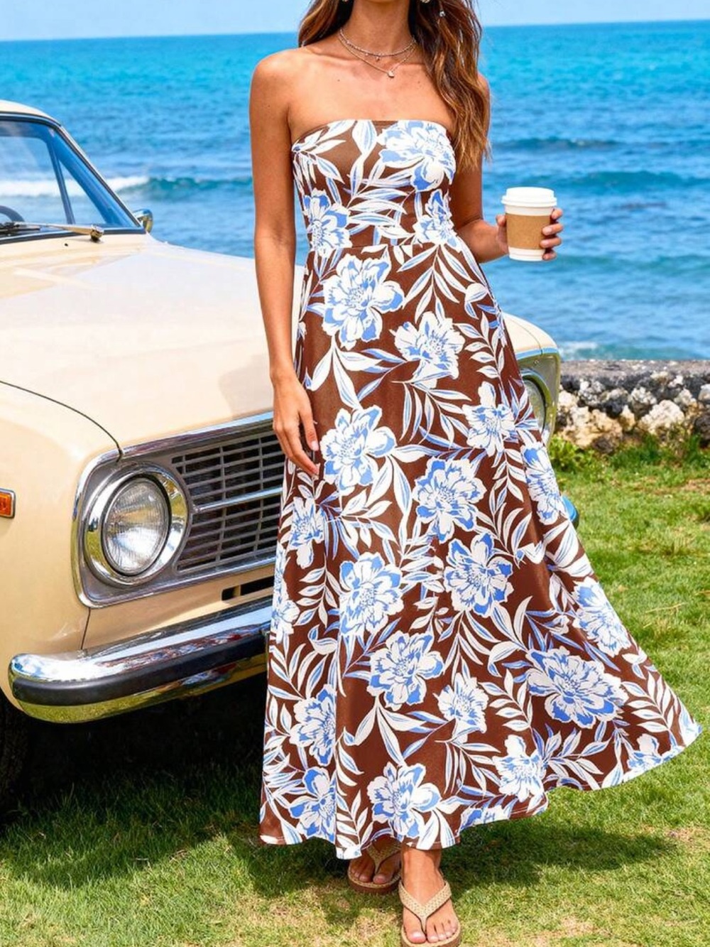 Strapless Brown and Blue  Tropical Maxi Skirt